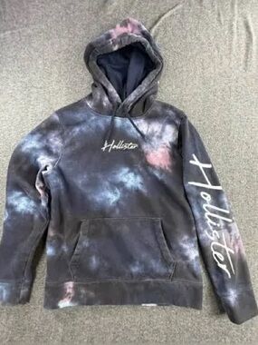 Hollister Men’s Black Tie-Dye Pullover Hoodie with Blue & Pink Accents